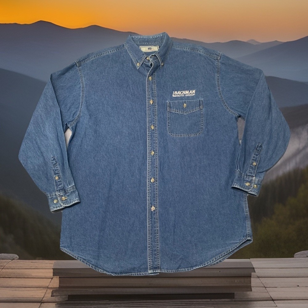 Vtg LEE Dark Blue Stone Wash Denim LS Shirt Size L Car Dealership Bachman‎ Rare